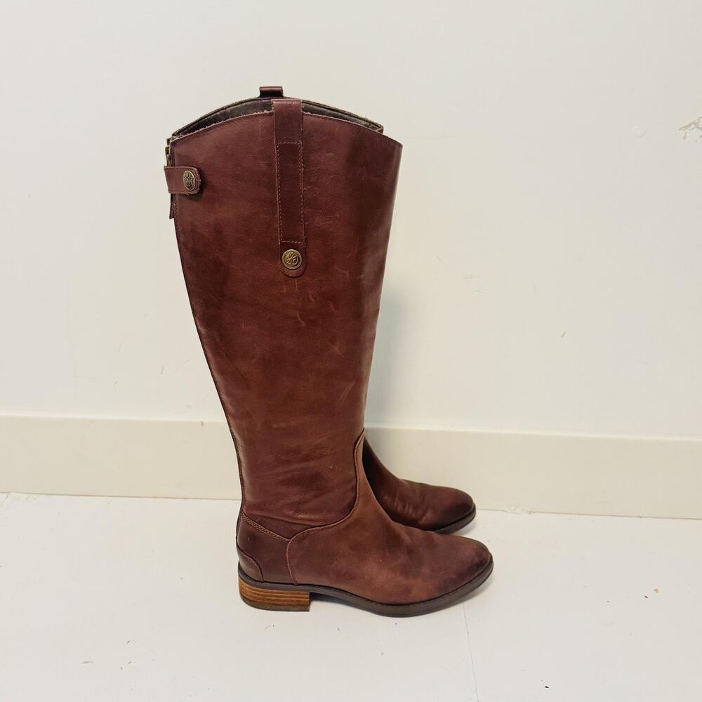 Sam Edelman Boots Womens 6 Brown Leather Riding Knee High Back Zip Strap Shoes